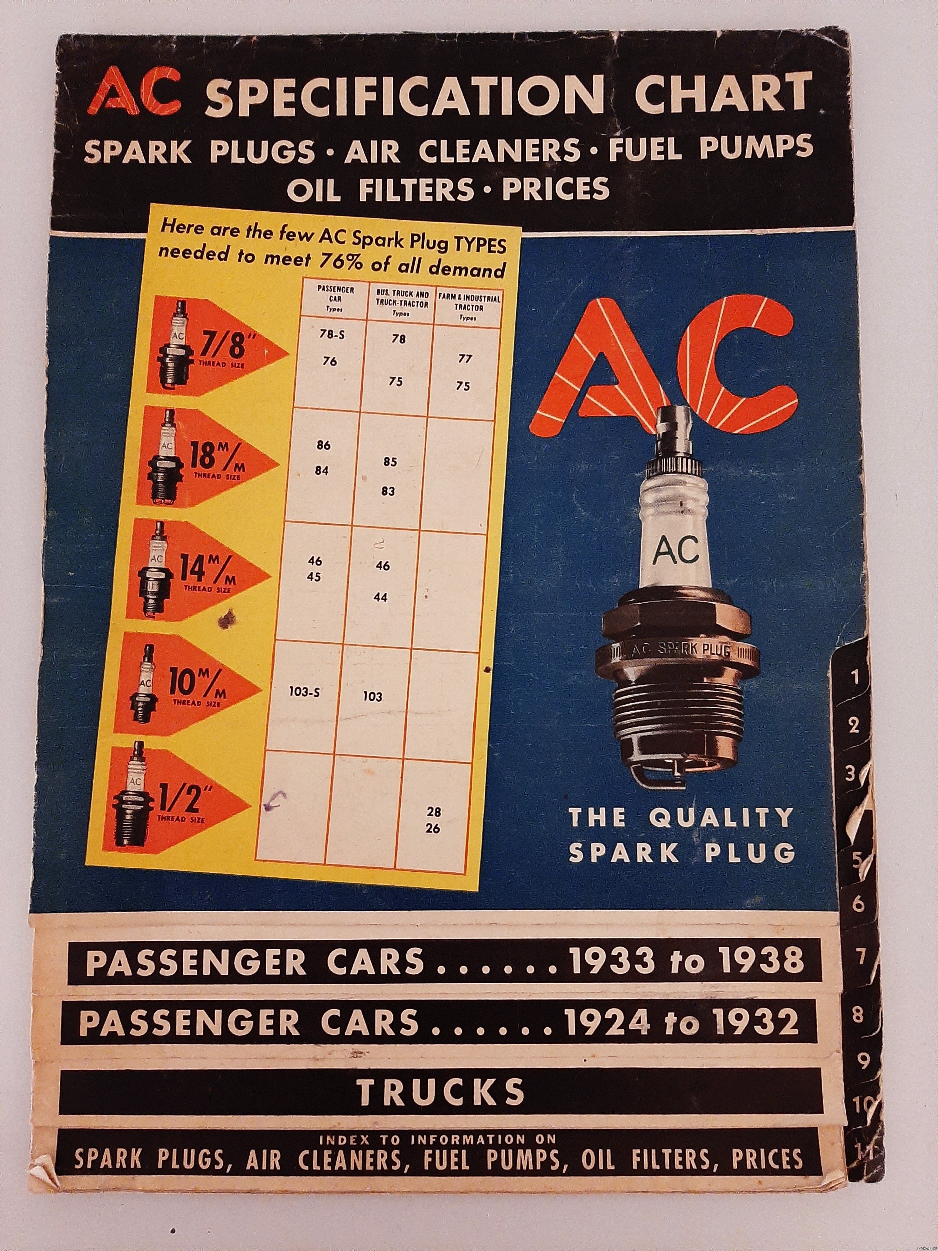 Various - AC Specification Chart: Spark plugs - Air cleaners - Fuel pumps - Oil filters - Prices