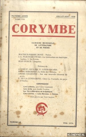Boy, Maurice-Pierre - Corymbe. Cahiers mensuels de Littrature et de posie No 43. Huitime anne. Tome VIII - Julliet-Aout 1938