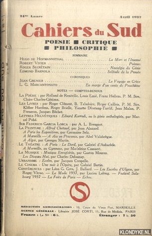 Various - Cahiers du Sud: Poesie, Critique, Philosophie Tome XVI. - Ier Semestre 1937. No. 193. 24me Anne. Avril 1937