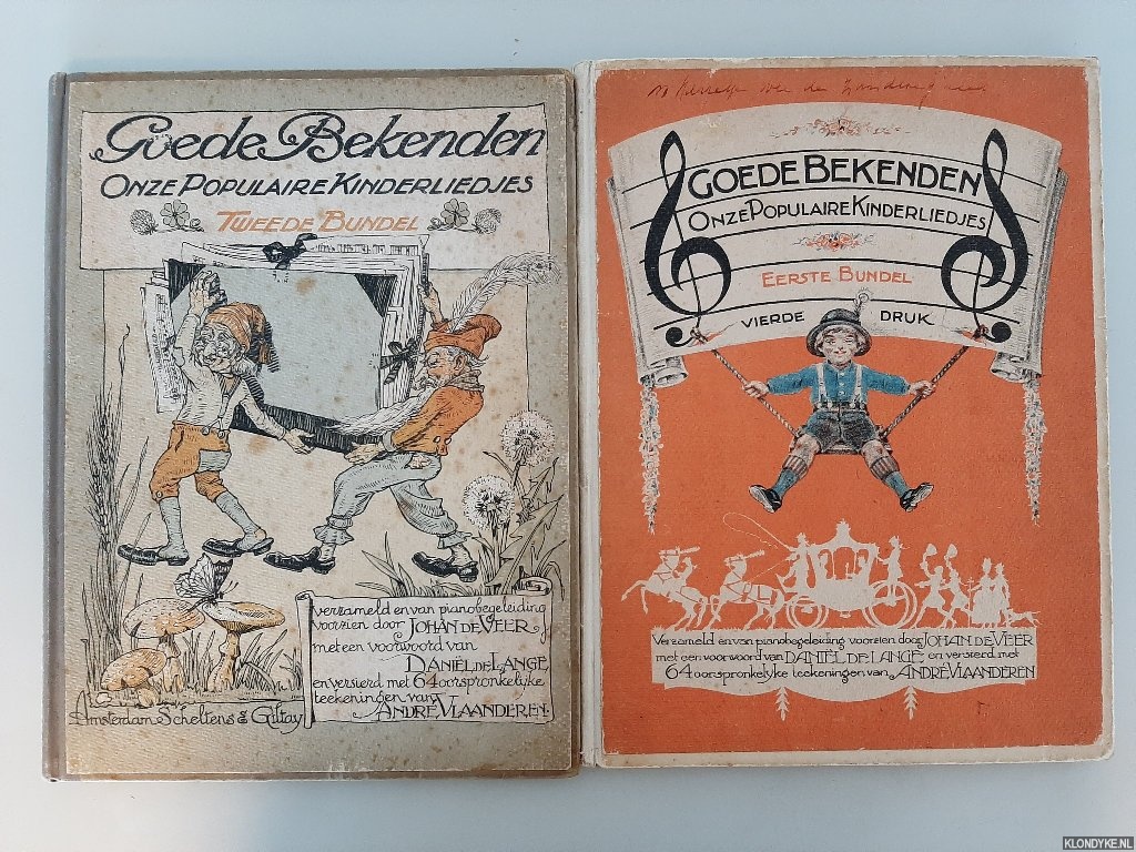 Veer, Johan de (verzameld en van pianobegeleiding voorzien door) & Danil de Lange (voorwoord) & Andr Vlaanderen (oorspronkelijke teekeningen van) - Goede bekenden. Onze populaire kinderliedjes. Eerste bundel & Tweede bundel (2 delen)