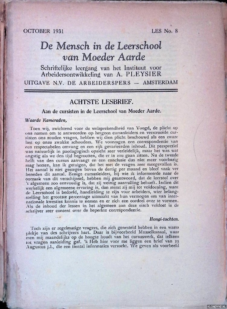 Pleysier, A. - De mensch in de leerschool van moeder aarde. Les no. 8 tot en met les no. 15