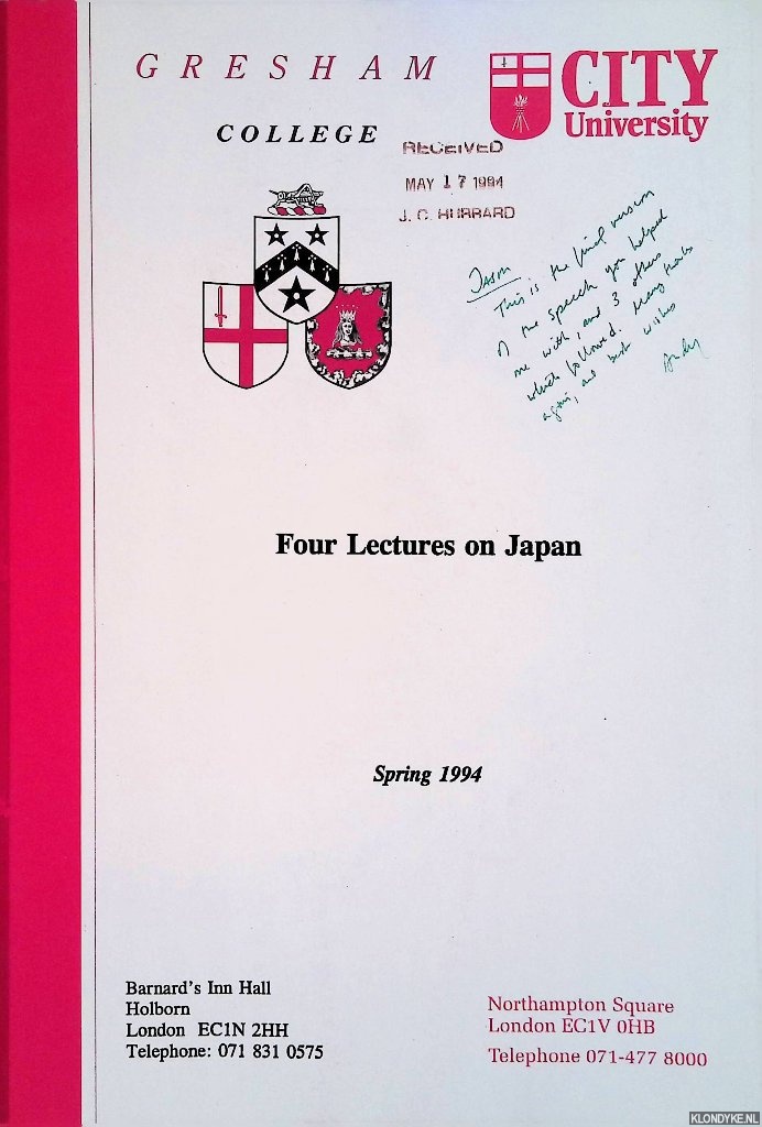 Prindl, Andreas & Tokio Katayama & David Cairncross & Sir John Whitehead - Four Lectures on Japan: 1) Japan's position in the world; 2) Japan as a technological power; 3) Japan and the United States; 4) Can Japan contribute to flourish?