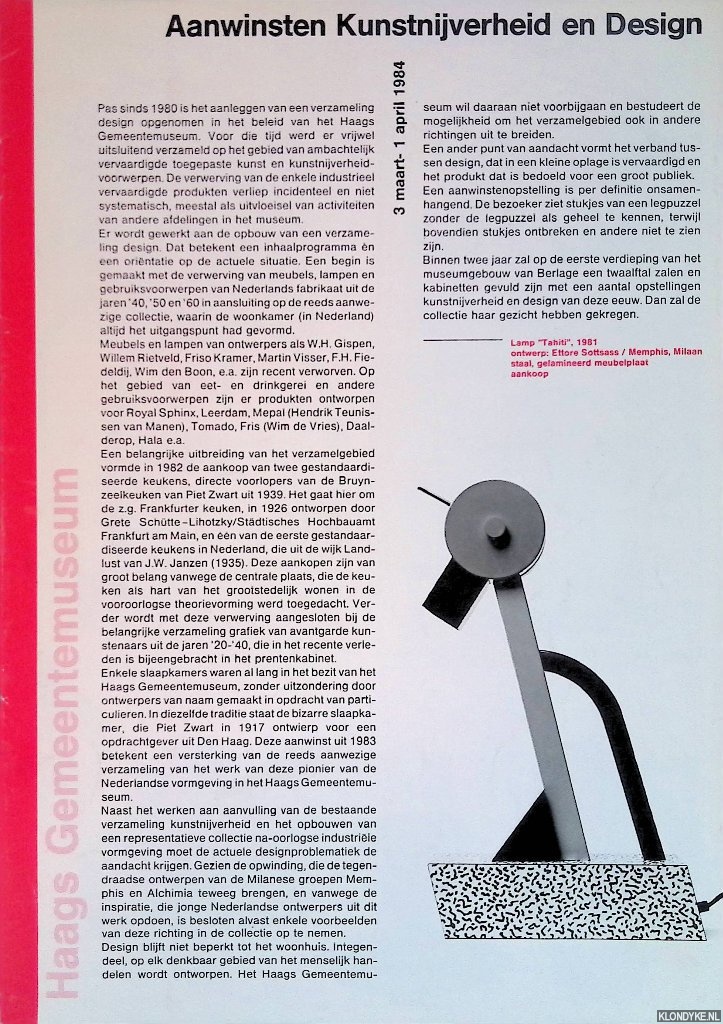 Boot, Marjan - Haags Gemeentemuseum: Aanwinsten Kunstnijverheid en Design - 3 maart - a april 1984