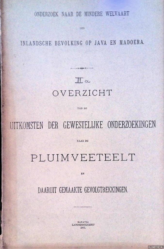 Diverse auteurs - Onderzoek naar de mindere welvaart der Inlandsche bevolking op Java en Madoera IIa. Overzicht van de uitkomsten der gewestelijke onderzoekingen naar de pluimveeteelt en daaruit gemaakte gevolgtrekkingen