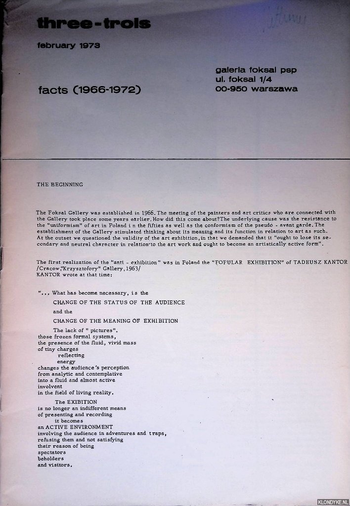 Borowski, W. & H. Ptaszkowska & M. Tchorek & A. Turowski - Tadeusz Kantor: three-trois: facts (1966-1972)