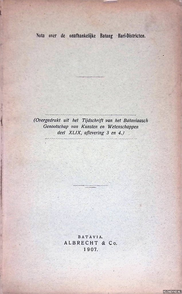 Palmer van den Broek, Ch. L.J. - Nota over de onafhankelijke Batang Hari-Districten