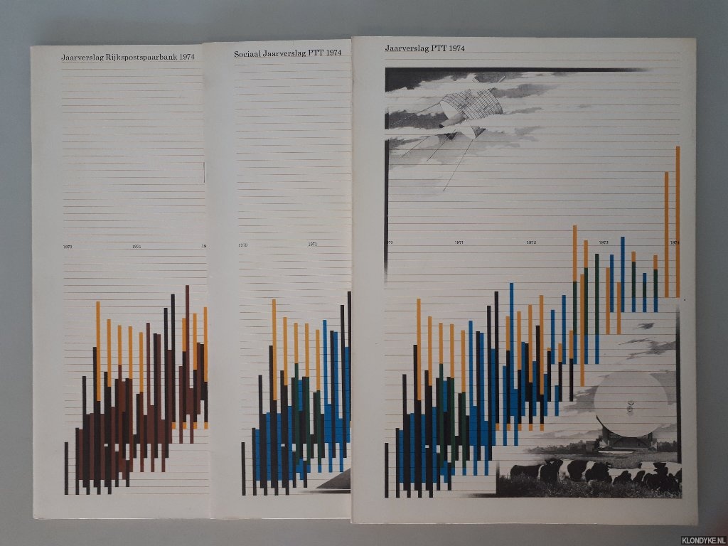 Toorn Vrijthoff, Jelle van der (ontwerp) & P.C. Cossee (produktiebegeleiding) - PTT Jaarverslag 1974 + Sociaal Jaarverslag PTT 1975 + Jaarverslag Rijkspostspaarbank 1974