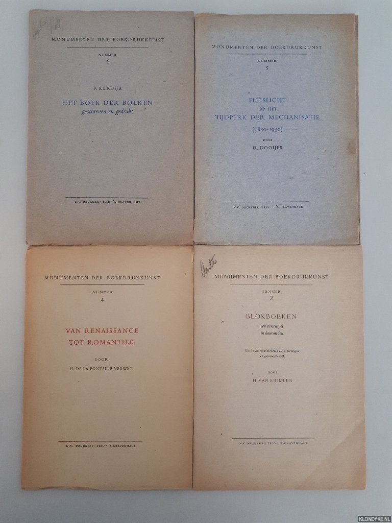 Krimpen, H. van & H. de la Fontaine Verwey & D. Dooijes & F. Kerdijk - Monumenten der boekdrukkunst (4 afleveringen)