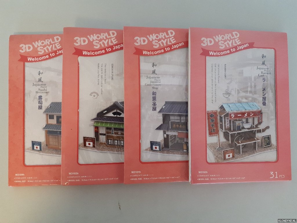 3D World Style - Welcome to Japan: puzzle of 1) Japanese Flavor Ramen Cart; 2) Japanese Confectionery Shop; 3) Japanese Flavor Izakaya (pub); 4) Sushi Restaurant