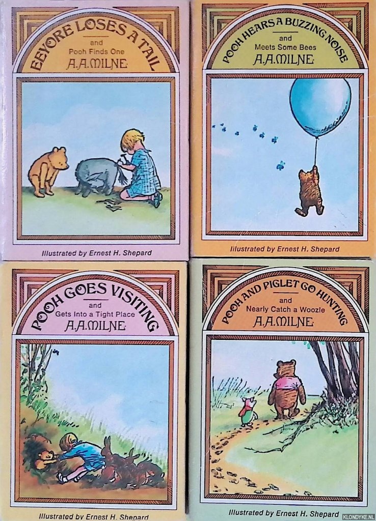 Milne, A.A. & Ernest Shepard (illustrations) - Pooh goes visiting; Pooh and Piglet go hunting; Eeyore loses a tail; Pooh hears a buzzing noise (4 volumes)