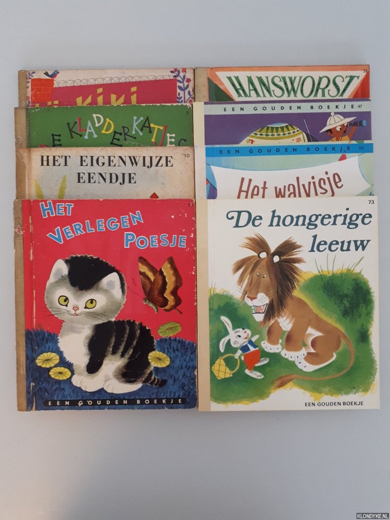 Hoekstra, Han G. - en anderen - 8 Gouden Boekjes: 1) Bij Kiki Thuis; 2) De kladderkatjes; 3) Het eigenwijze eendje; 4) Het verlegen poesje; 5) Hansworst; 6) Het grote kleine boek; 7) Het walvisje; 8) De hongerige leeuw