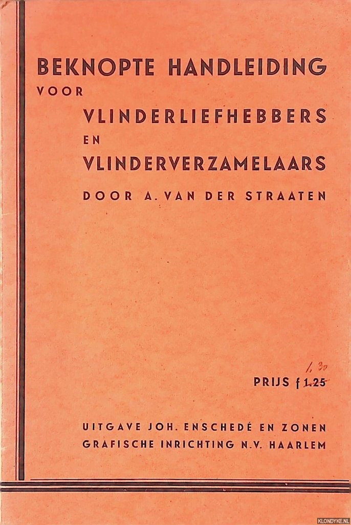 Straaten, A. van der - Beknopte handleiding voor vlinderliefhebbers en vlinderverzamelaars
