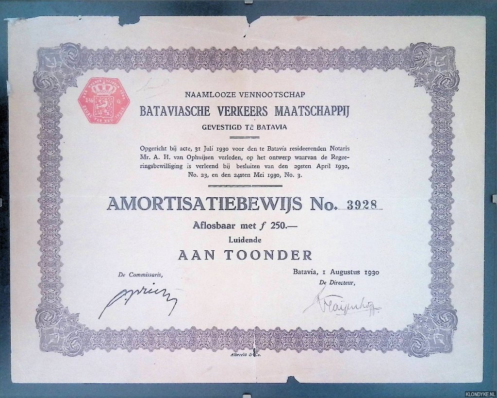 Naamlooze Vennootschap Bataviasche Verkeers Maatschappij Gevestigd te Batavia - Amortisatiebewijs No. 3928: Aflosbaar met f250,-: Luidende aan toonder