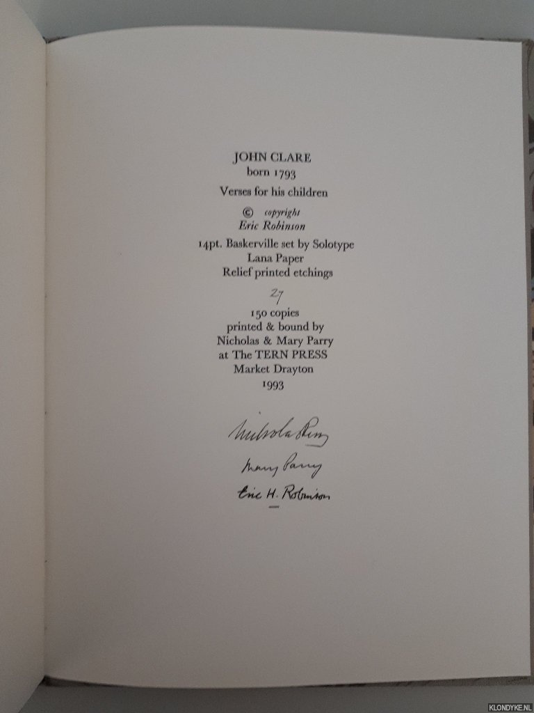 Clare, John - Verses for his children *SIGNED*