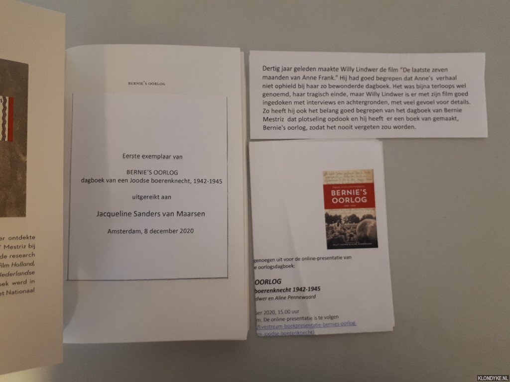 Mestriz, Bernie (dagboek) & Willy Lindwer & Aline Pennewaard (samenstellers) - Bernie's oorlog 1942-1945. Dagboek van een Joodse Boerenknecht *EERSTE EXEMPLAAR*