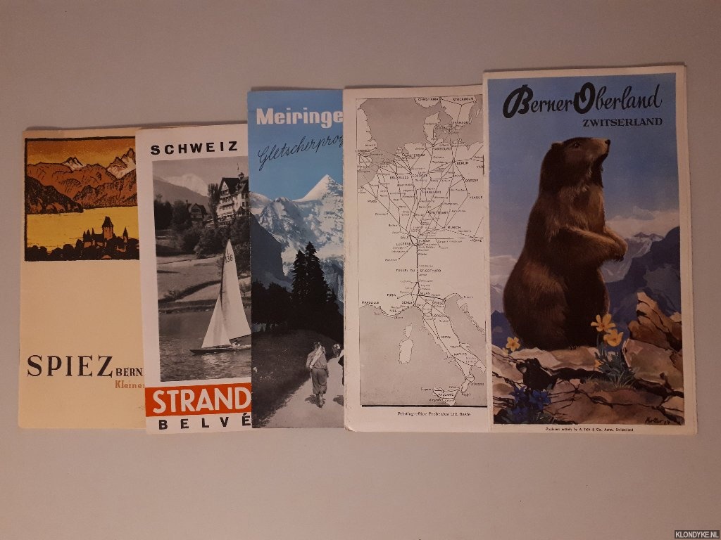5x flyer Switzerland - 1) Berner Oberland; 2) Gotthard; 3) Meiringen; 4) Spiez: Strand-Hotel Belvdre; 5) Spiez Berner Oberland: Kleiner Fhrer (5 volumes)