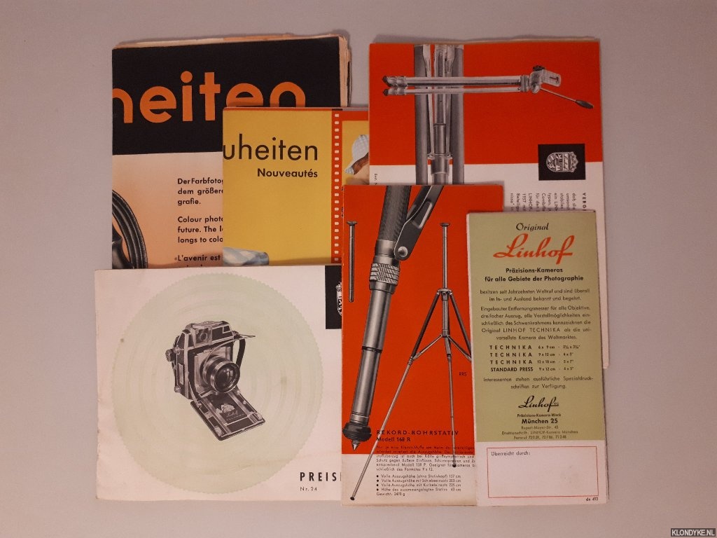 Linhof KG - 6x flyer: 1) Original Linhof Przisions-Stative; 2) Linhof Stative; 3) Preisliste Nr. 24 Juni 1957; 4) Preisliste Nr. 27 September 1958; 5) Linhof neuheiten/News/Nouveauts; 6) Linhof neuheiten